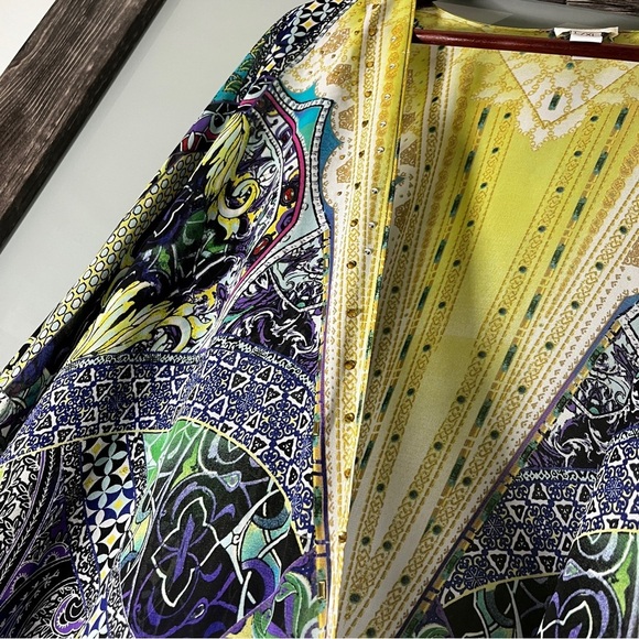 Chico's Vibrant Purple & Yellow Patterned Kimono Top Size L/XL Handkerchief Hem - Picture 2 of 8
